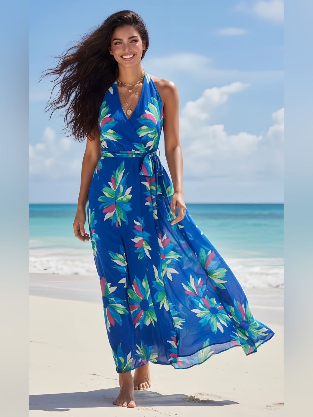 Gracia Blue Floral Halter Maxi Dress